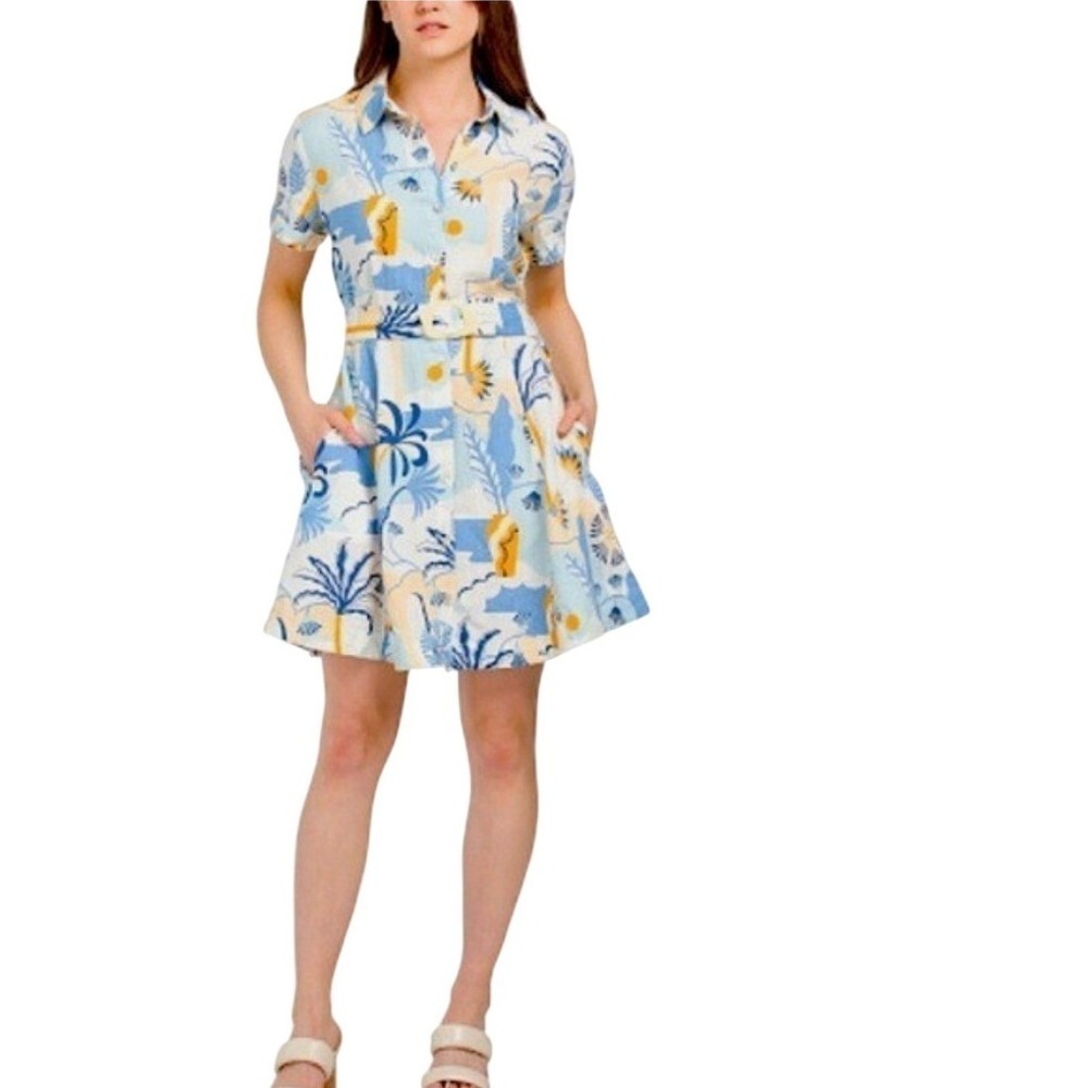 Nicole Miller New York Womens Medium Linen Shirt Dress Tropical Blue Orange Belt